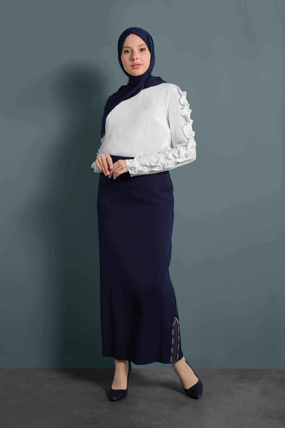 Tesettür giyim LACİVERT ETEKUCU FERMUAR DETAYLI ETEK 6382