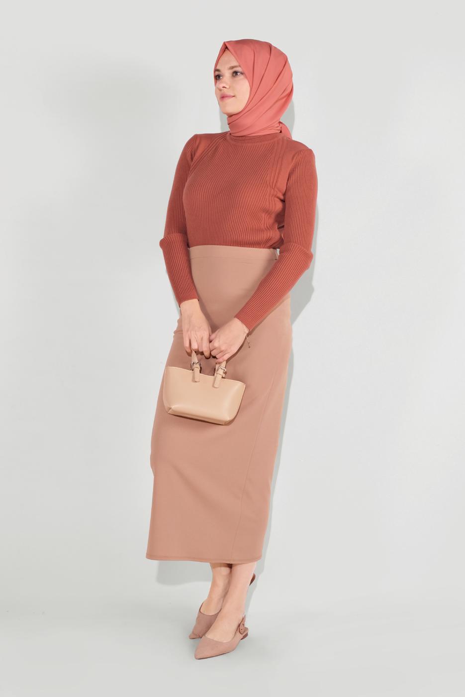 Tesettür giyim KAHVE LİKRALI KALEM ETEK 7106