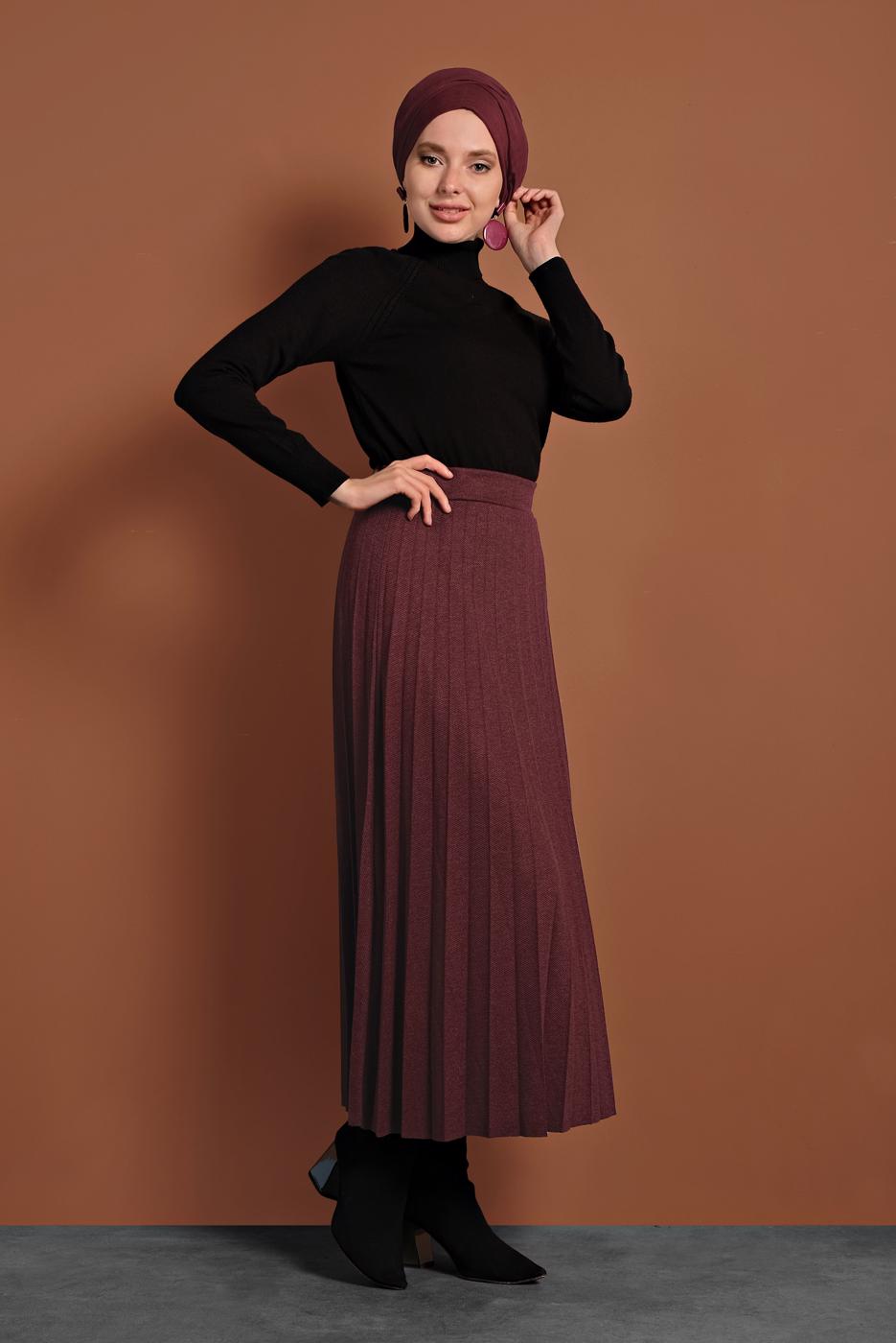 Tesettür giyim BORDO BELİ LASTİKLİ PİLELİ ETEK 8106