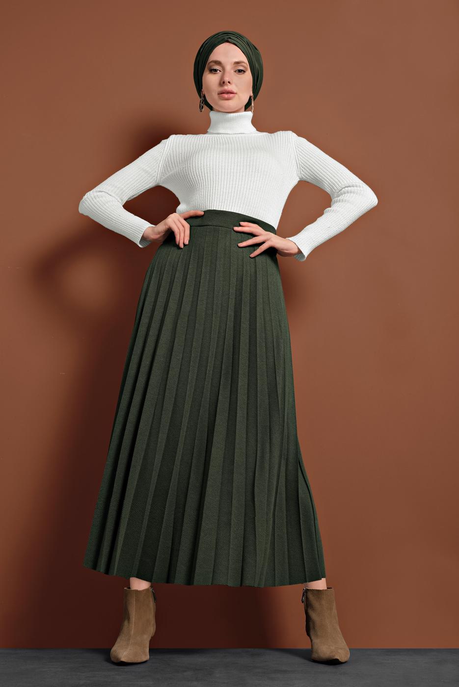 Vêtements hijab KAKI JUPE PLISSÉE	À TAILLE-ÉLASTIQUE 8106 