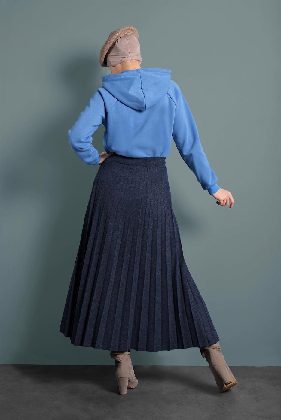 Tesettür giyim LACİVERT BELİ LASTİKLİ PİLELİ ETEK 8106