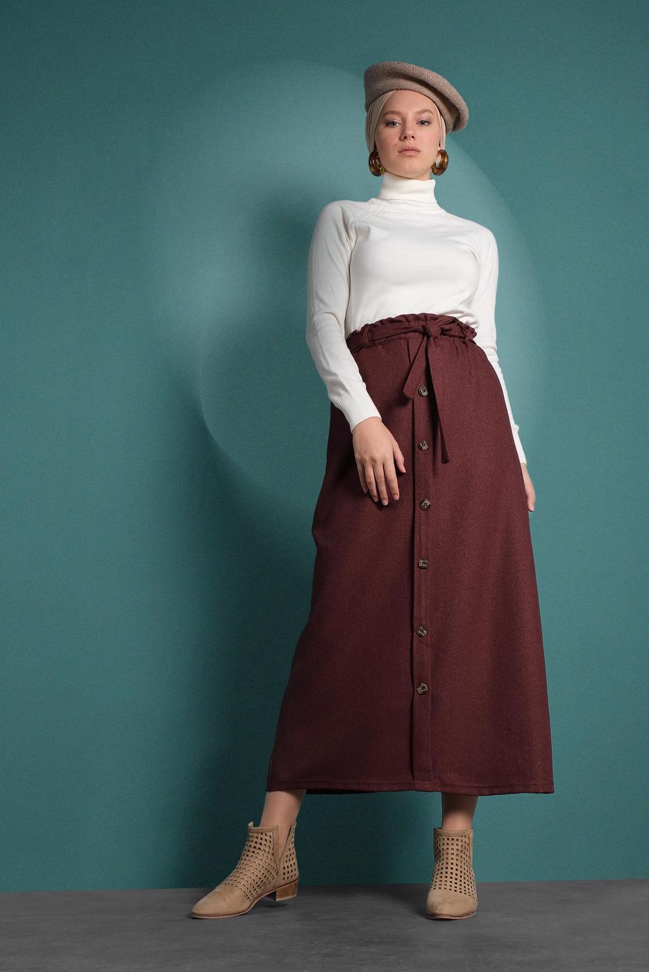 Vêtements hijab BRUN JUPE À TAILLE-ÉLASTIQUE AVEC CEINTURE 8909 