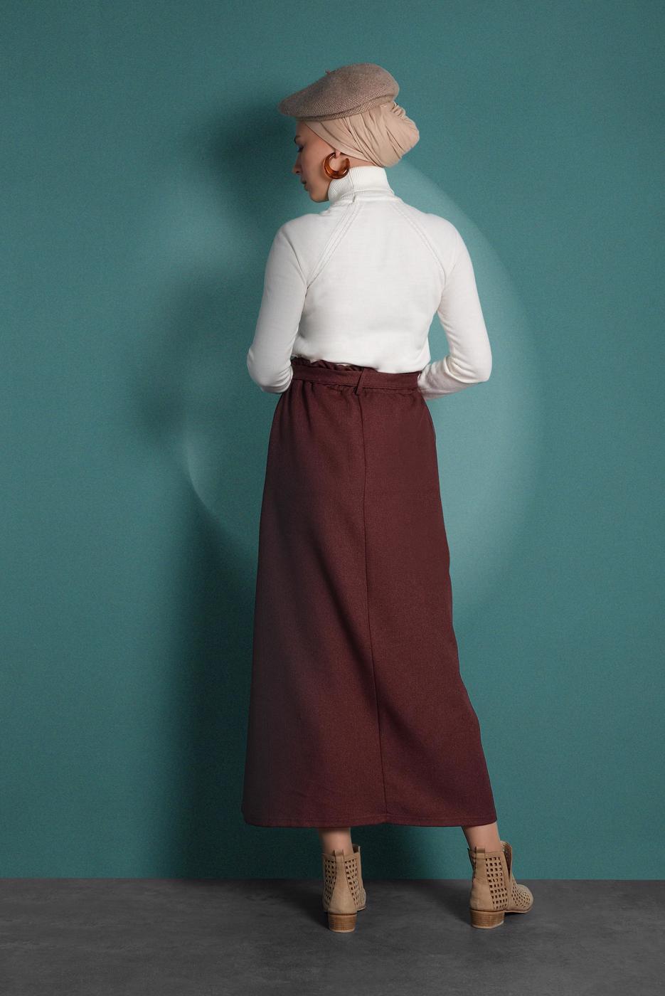 Vêtements hijab BRUN JUPE À TAILLE-ÉLASTIQUE AVEC CEINTURE 8909 