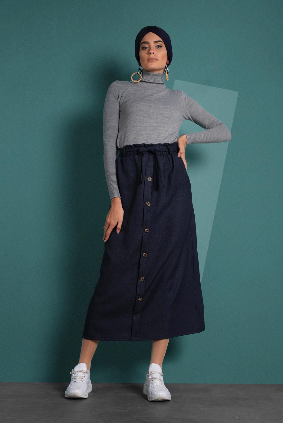 Hijab clothing BLUE BELTED BUTTONED ELASTIC SKIRT 8909 