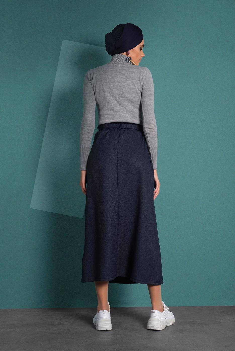 Hijab clothing BLUE BELTED BUTTONED ELASTIC SKIRT 8909 