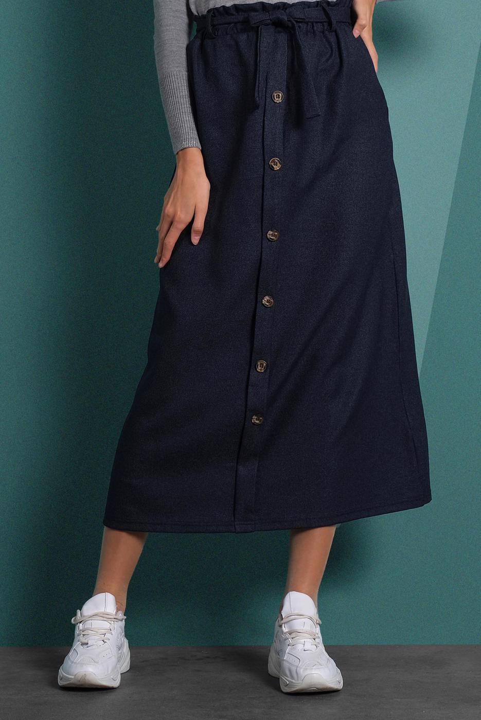 Hijab clothing BLUE BELTED BUTTONED ELASTIC SKIRT 8909 
