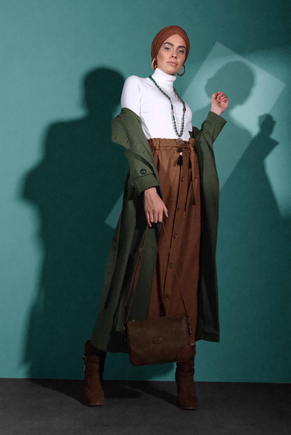 Hijab clothing TABA BELTED BUTTONED ELASTIC SKIRT 8909 