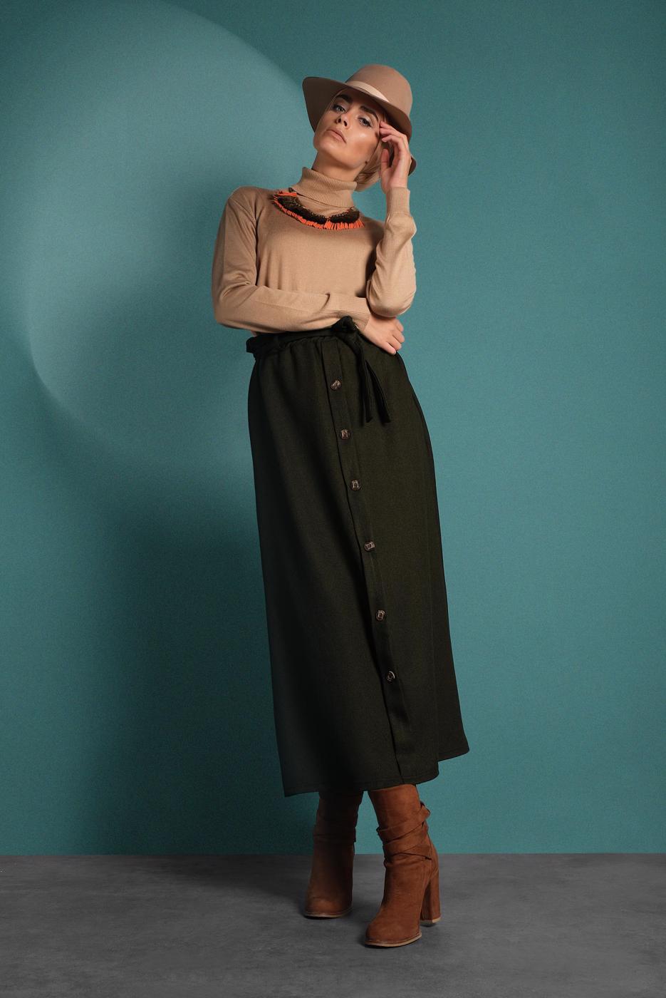 Vêtements hijab KAKI JUPE À TAILLE-ÉLASTIQUE AVEC CEINTURE 8909 