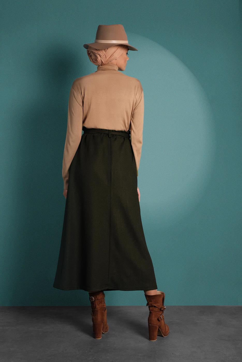 Vêtements hijab KAKI JUPE À TAILLE-ÉLASTIQUE AVEC CEINTURE 8909 