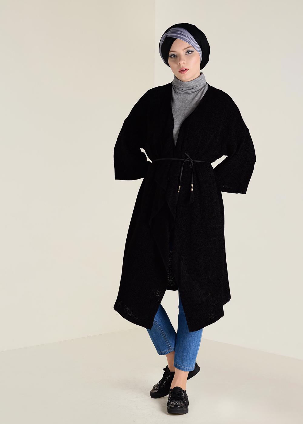 Tesettür giyim SİYAH SALAŞ TRİKO HIRKA 4657