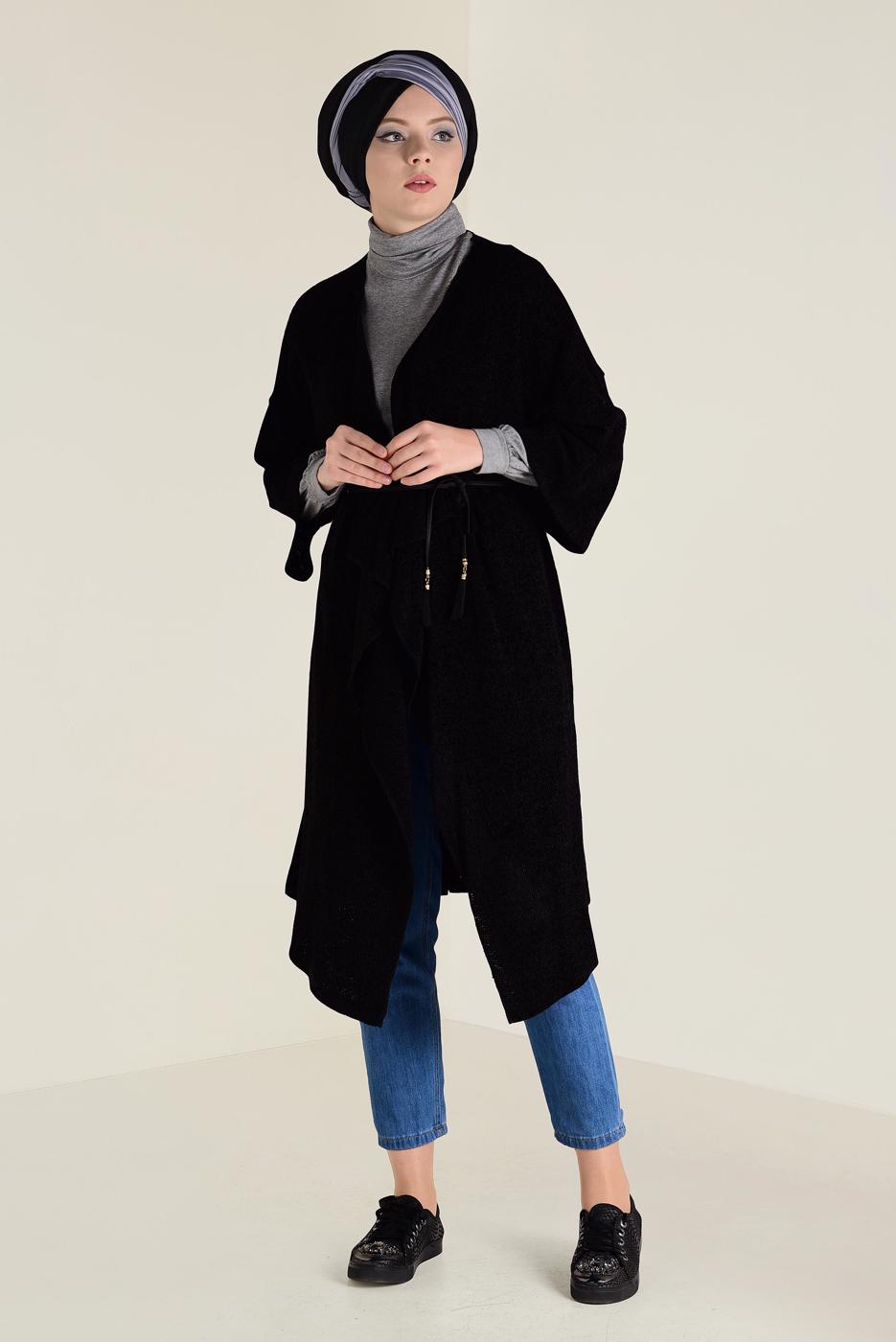 Tesettür giyim SİYAH SALAŞ TRİKO HIRKA 4657