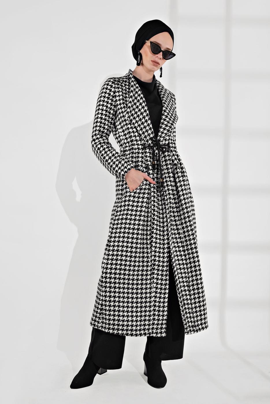 Hijab clothing CREAM HOUNDSTOOTH PATTERN TIE-WAIST COAT 5055-2 