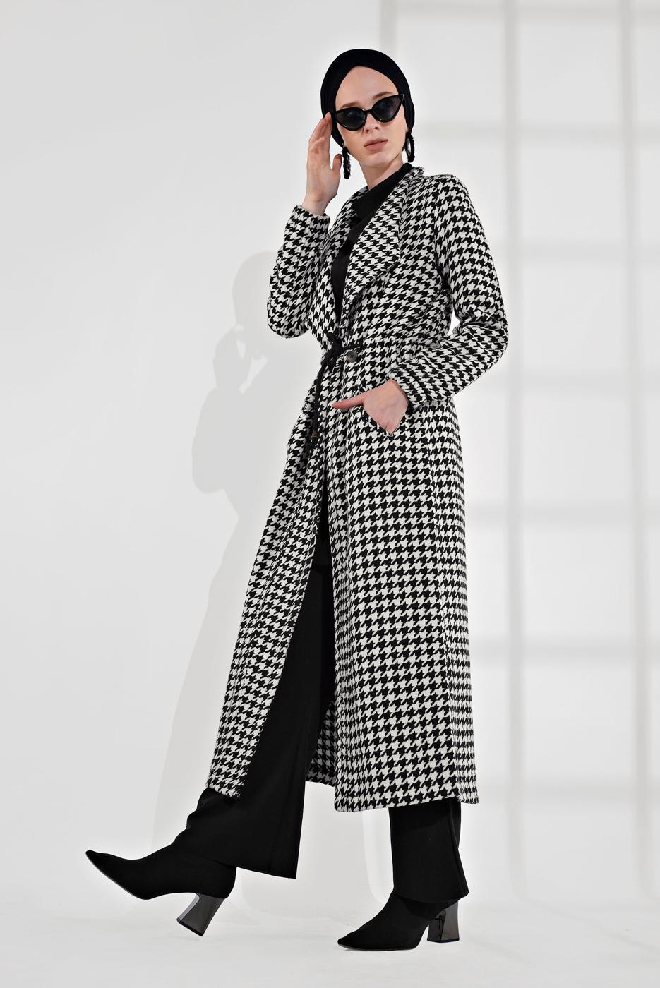 Hijab clothing CREAM HOUNDSTOOTH PATTERN TIE-WAIST COAT 5055-2 