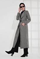 Hijab clothing CREAM HOUNDSTOOTH PATTERN TIE-WAIST COAT 5055-2 