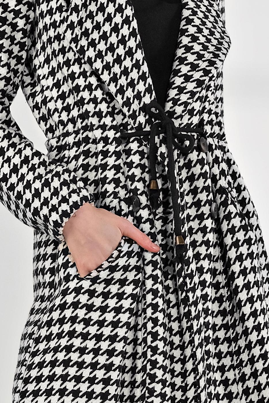 Hijab clothing CREAM HOUNDSTOOTH PATTERN TIE-WAIST COAT 5055-2 