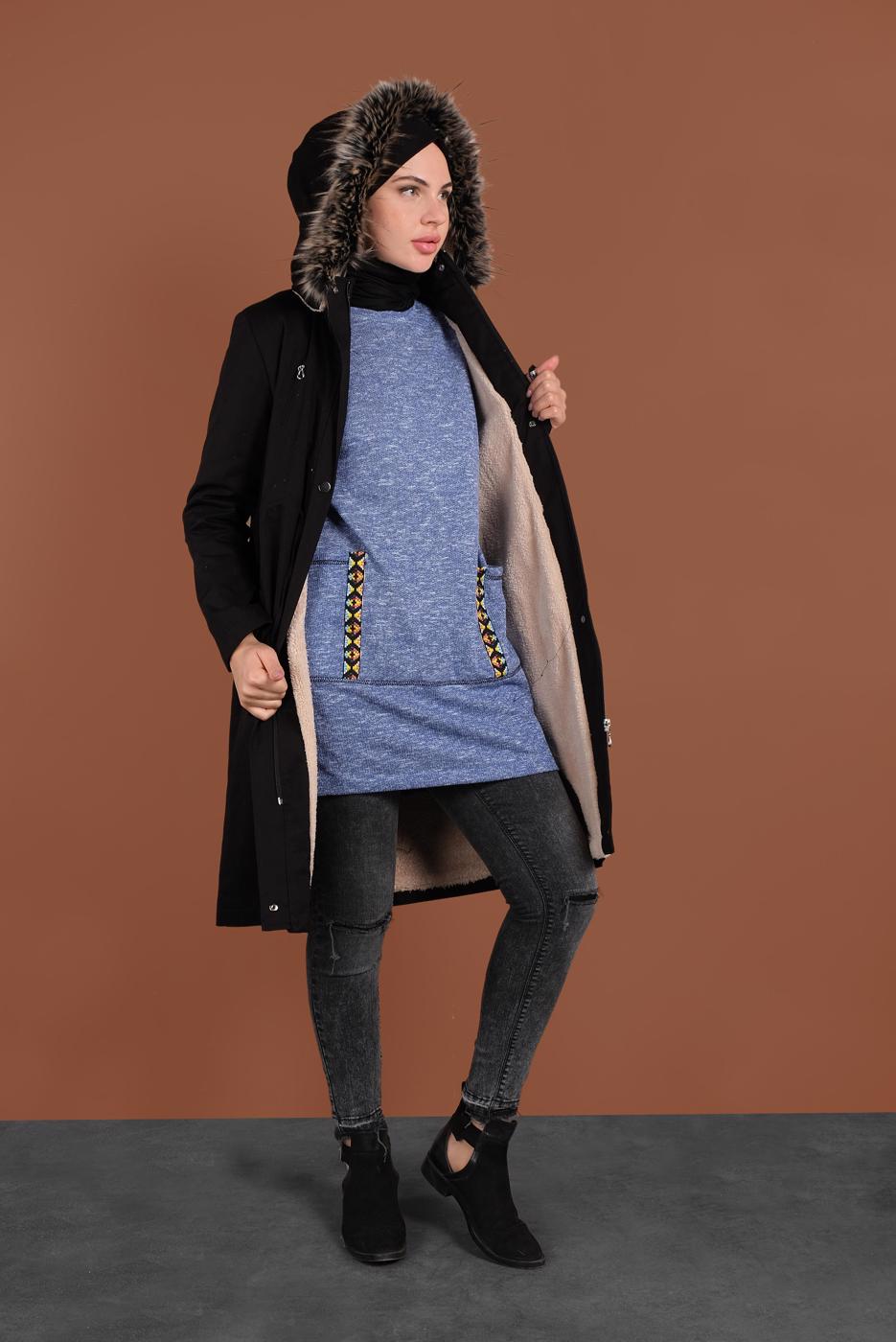 Hijab clothing BLACK HOODED SMOCKED-WAIST COAT 51502