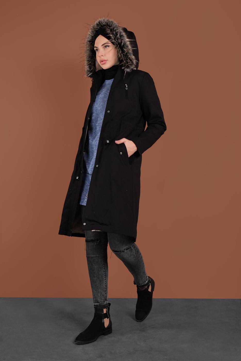 Hijab clothing BLACK HOODED SMOCKED-WAIST COAT 51502