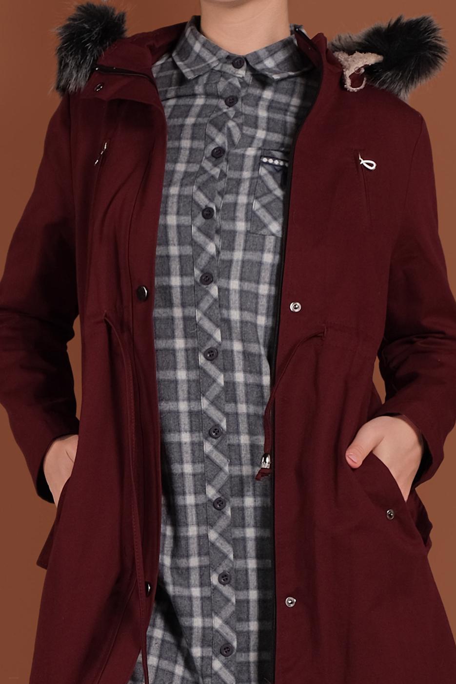 Vêtements hijab ROUGE BORDEAUX CABAN TAILLE-BOULLIONNÉE À CAPUCHE 51502 