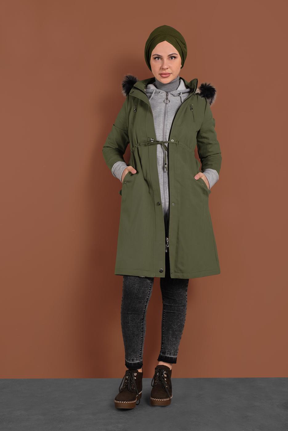 Vêtements hijab KAKI CABAN TAILLE-BOULLIONNÉE À CAPUCHE 51502 