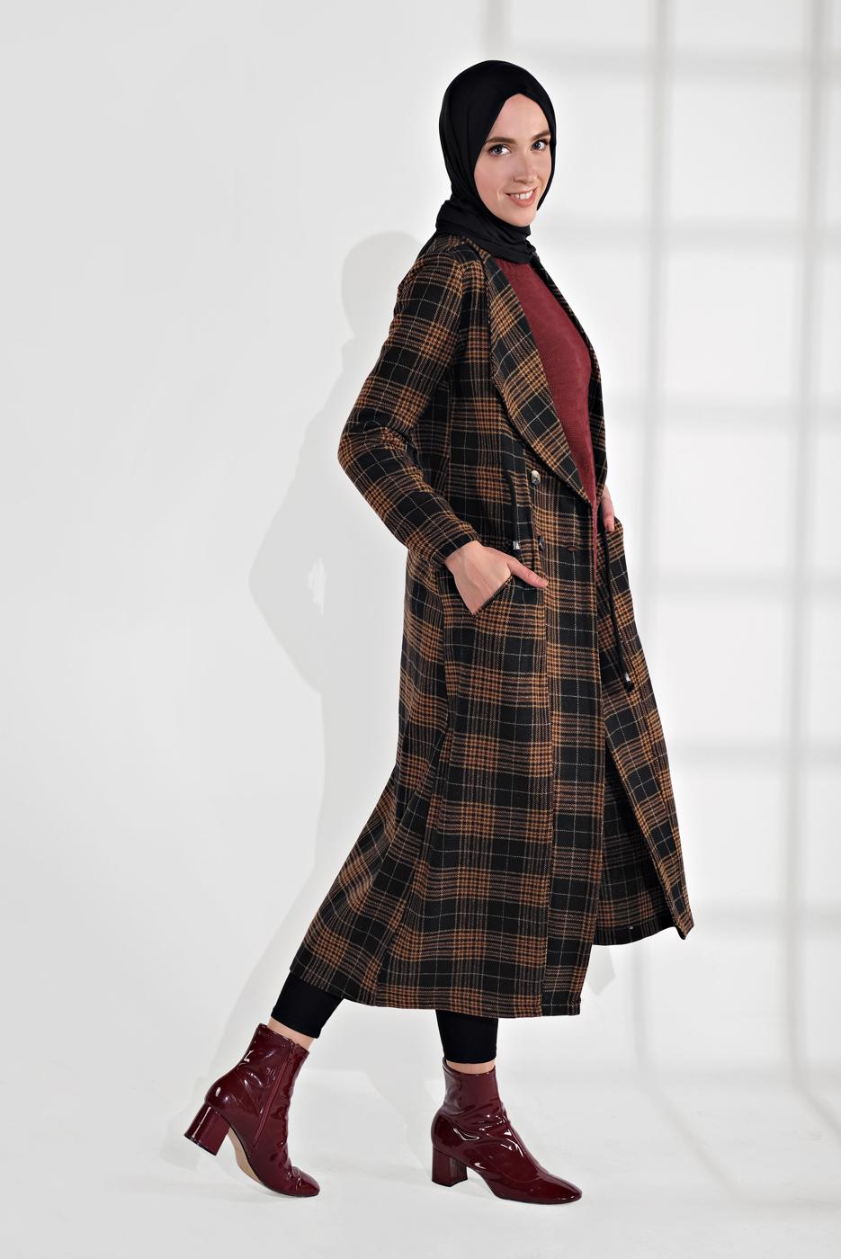 Tesettür giyim SİYAH EKOSE DESEN BELİ BÜZGÜLÜ KAŞE KABAN 0055 