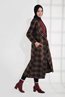 Tesettür giyim SİYAH EKOSE DESEN BELİ BÜZGÜLÜ KAŞE KABAN 0055 