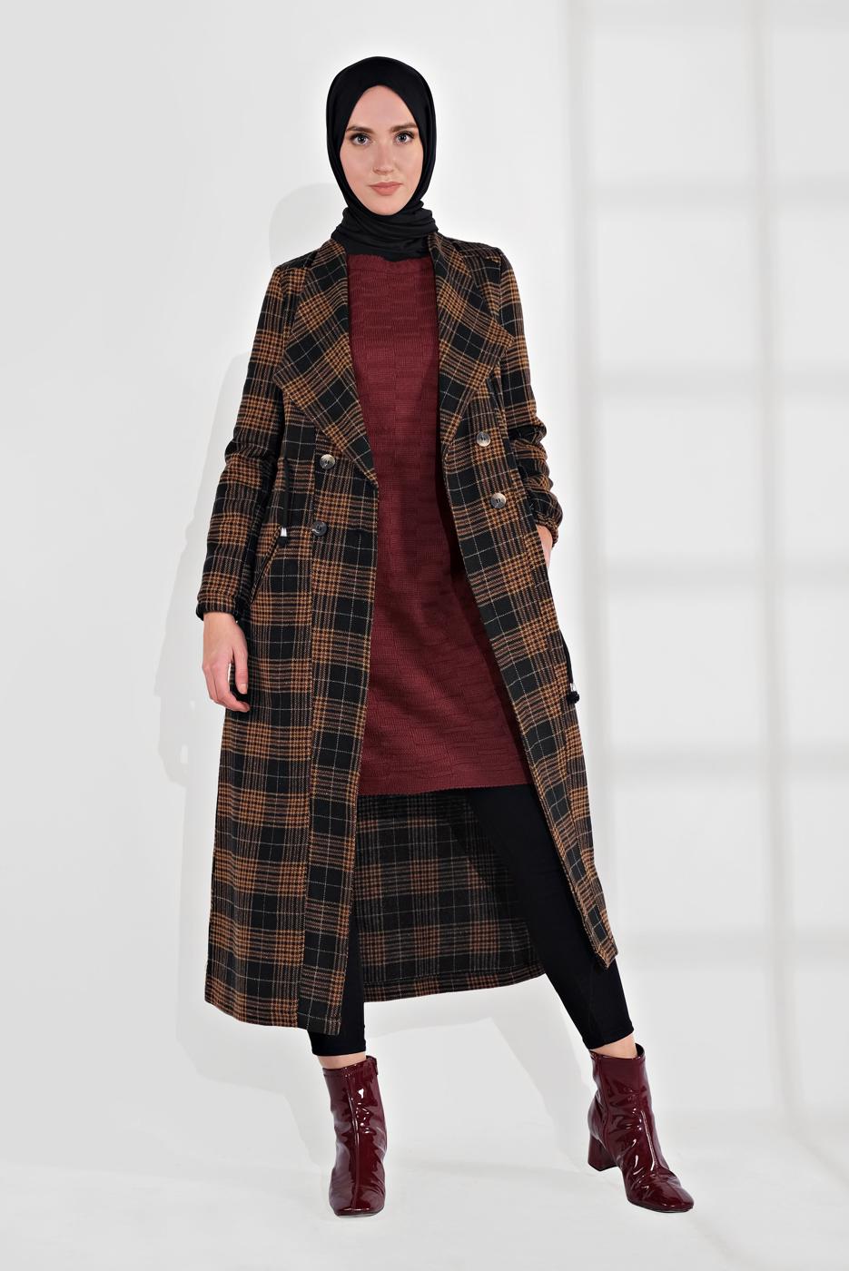 Tesettür giyim SİYAH EKOSE DESEN BELİ BÜZGÜLÜ KAŞE KABAN 0055 