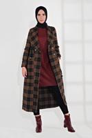 Tesettür giyim SİYAH EKOSE DESEN BELİ BÜZGÜLÜ KAŞE KABAN 0055 