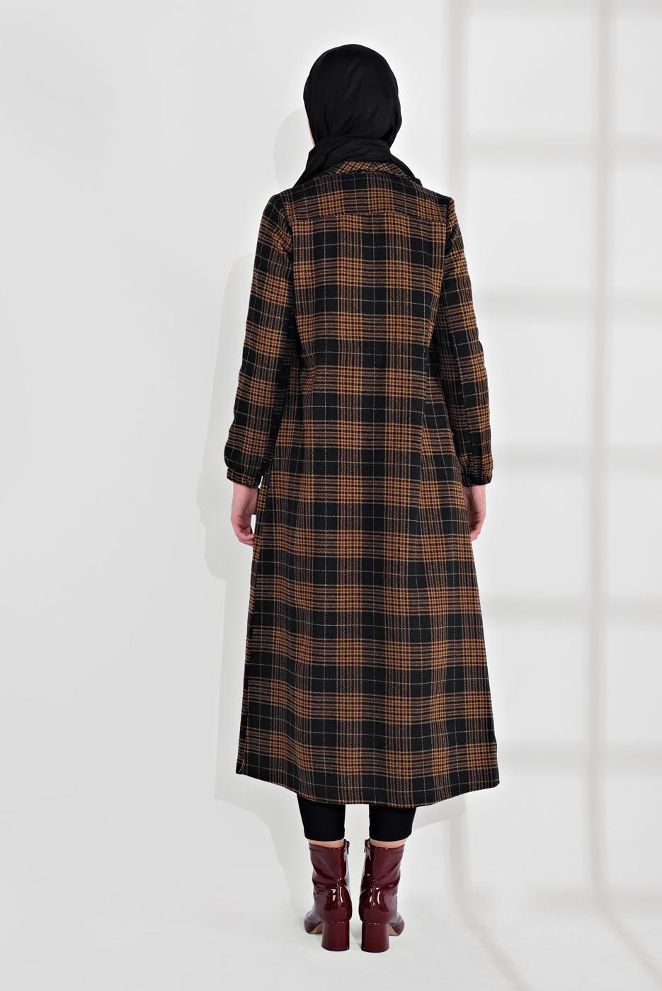 Tesettür giyim SİYAH EKOSE DESEN BELİ BÜZGÜLÜ KAŞE KABAN 0055 