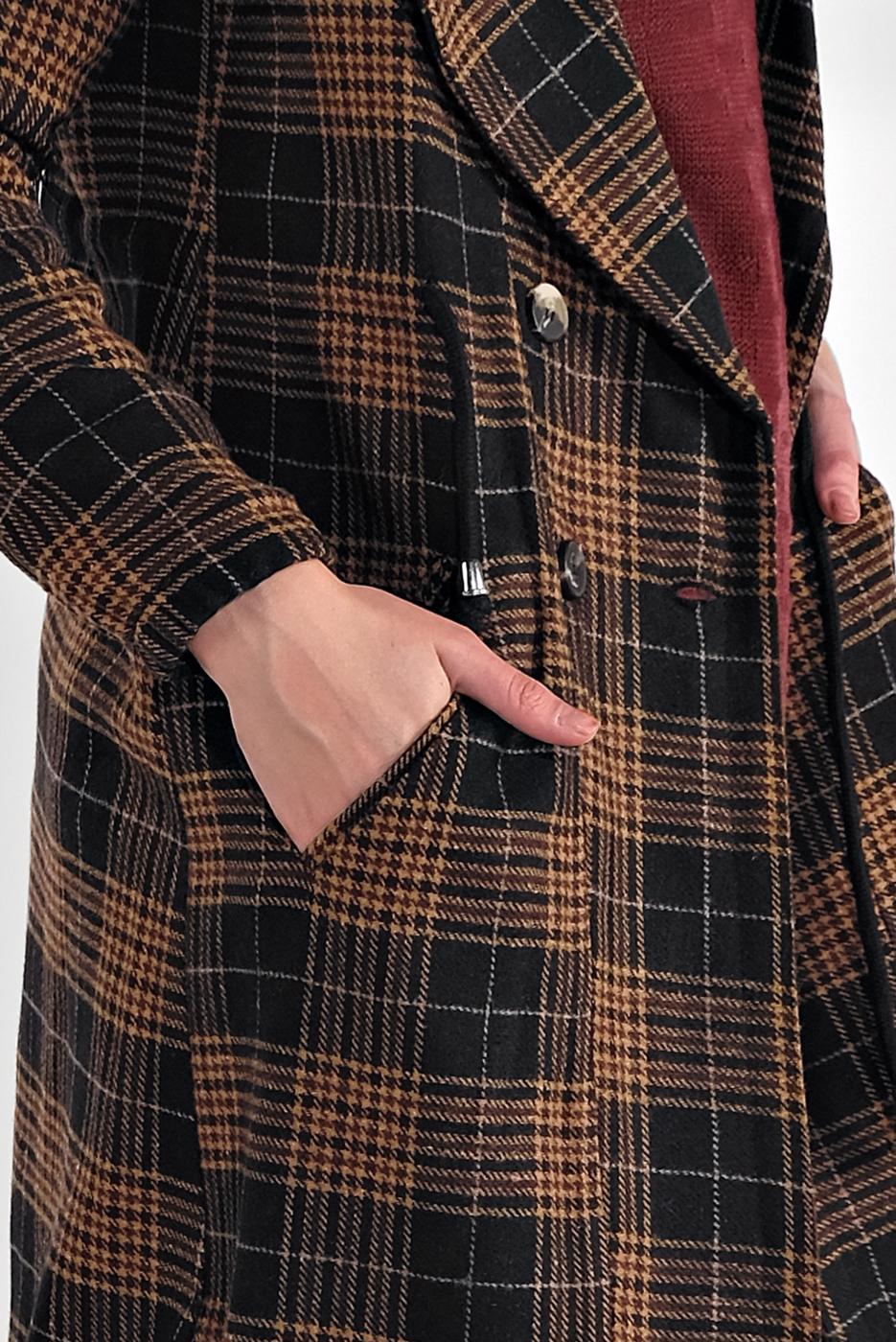 Tesettür giyim SİYAH EKOSE DESEN BELİ BÜZGÜLÜ KAŞE KABAN 0055 