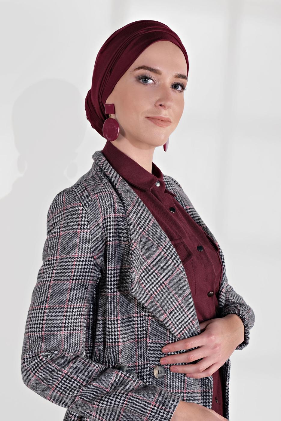 Tesettür giyim GRİ EKOSE DESEN BELİ BÜZGÜLÜ KAŞE KABAN 0055 