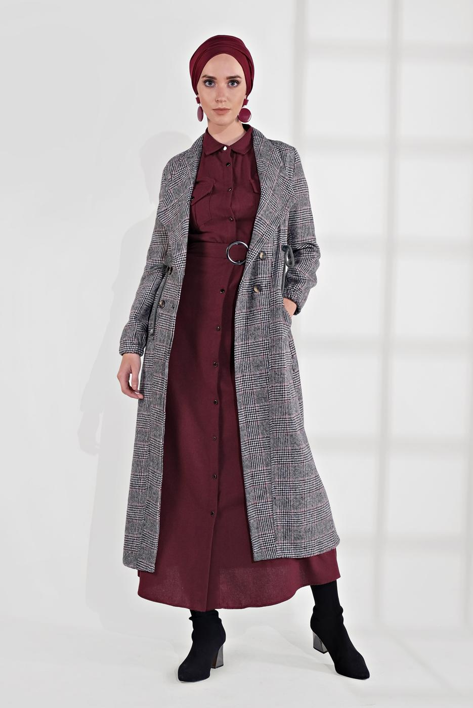 Tesettür giyim GRİ EKOSE DESEN BELİ BÜZGÜLÜ KAŞE KABAN 0055 