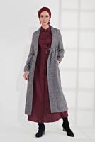 Tesettür giyim GRİ EKOSE DESEN BELİ BÜZGÜLÜ KAŞE KABAN 0055 