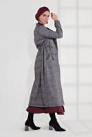 Tesettür giyim GRİ EKOSE DESEN BELİ BÜZGÜLÜ KAŞE KABAN 0055 