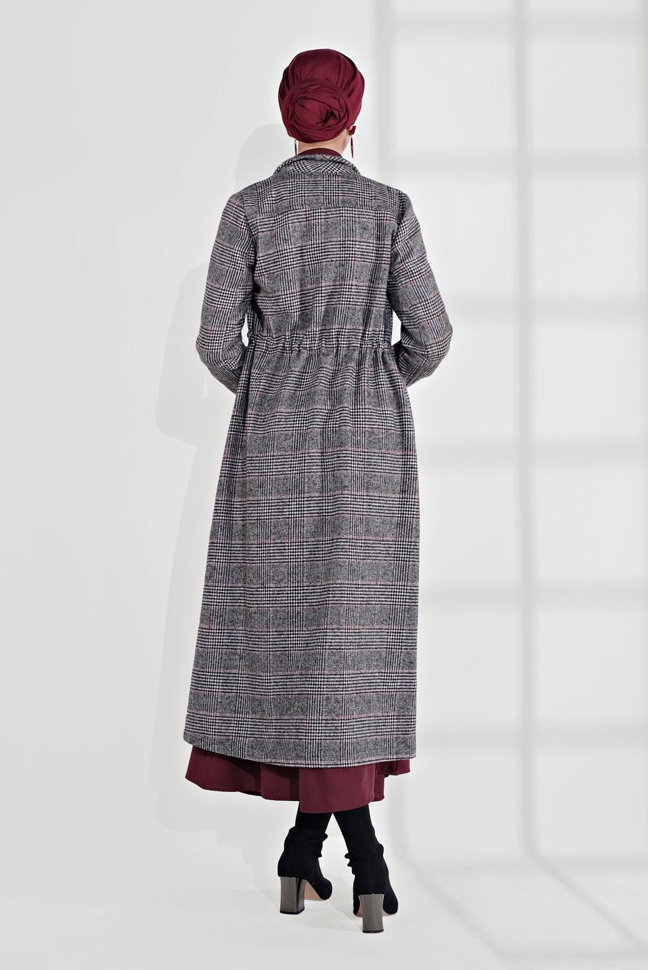 Tesettür giyim GRİ EKOSE DESEN BELİ BÜZGÜLÜ KAŞE KABAN 0055 