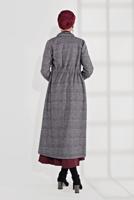 Tesettür giyim GRİ EKOSE DESEN BELİ BÜZGÜLÜ KAŞE KABAN 0055 