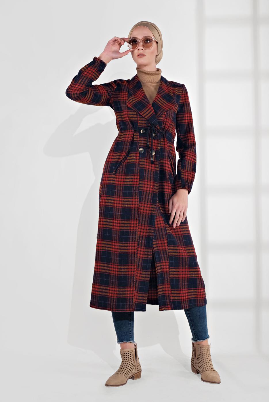 Tesettür giyim LACİVERT EKOSE DESEN BELİ BÜZGÜLÜ KAŞE KABAN 0055 