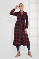 Tesettür giyim LACİVERT EKOSE DESEN BELİ BÜZGÜLÜ KAŞE KABAN 0055 