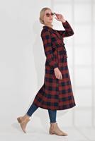 Tesettür giyim LACİVERT EKOSE DESEN BELİ BÜZGÜLÜ KAŞE KABAN 0055 