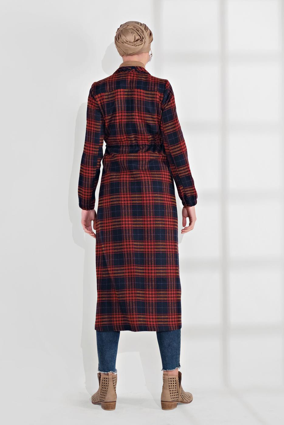 Tesettür giyim LACİVERT EKOSE DESEN BELİ BÜZGÜLÜ KAŞE KABAN 0055 