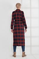 Tesettür giyim LACİVERT EKOSE DESEN BELİ BÜZGÜLÜ KAŞE KABAN 0055 