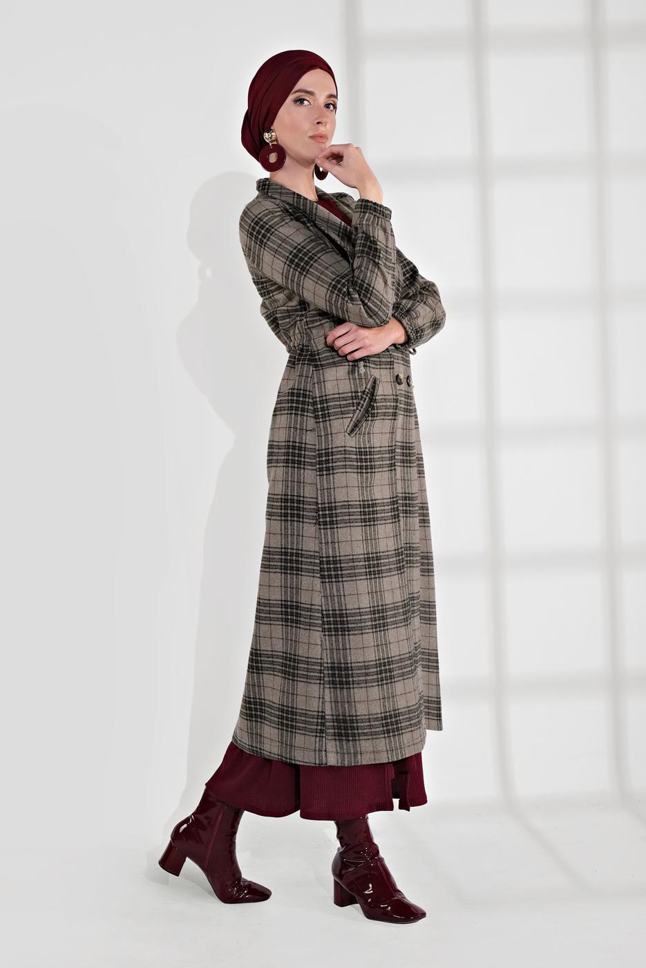 Tesettür giyim VİZON EKOSE DESEN BELİ BÜZGÜLÜ KAŞE KABAN 0055 