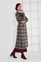 Tesettür giyim VİZON EKOSE DESEN BELİ BÜZGÜLÜ KAŞE KABAN 0055 