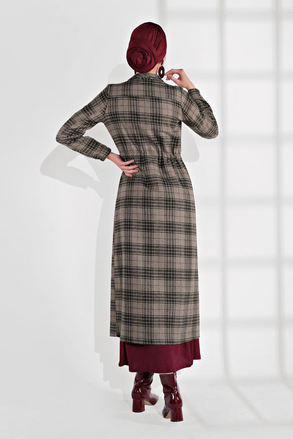 Tesettür giyim VİZON EKOSE DESEN BELİ BÜZGÜLÜ KAŞE KABAN 0055 