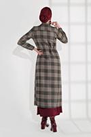 Tesettür giyim VİZON EKOSE DESEN BELİ BÜZGÜLÜ KAŞE KABAN 0055 