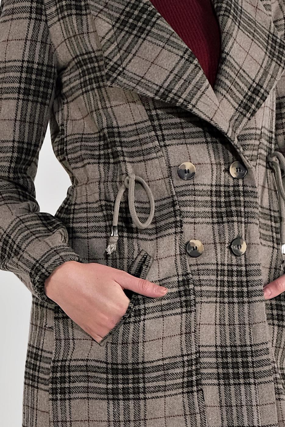 Tesettür giyim VİZON EKOSE DESEN BELİ BÜZGÜLÜ KAŞE KABAN 0055 