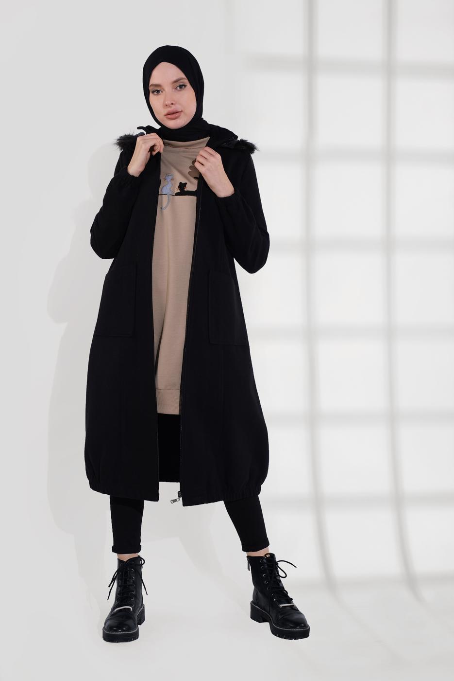Tesettür giyim SİYAH PAMUKLU FERMUARLI KABAN 1002