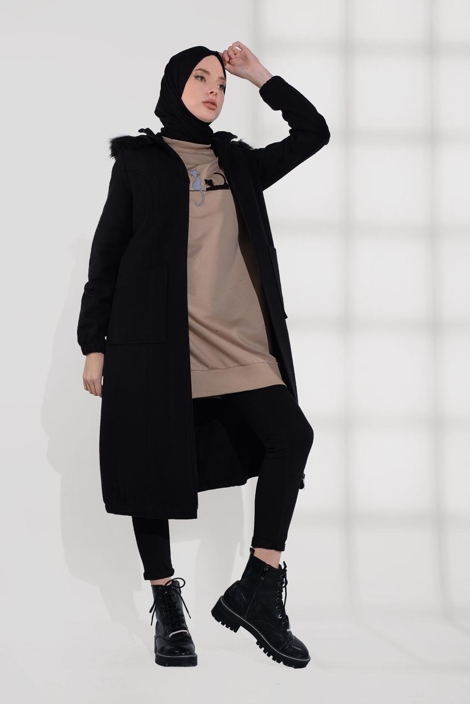 Tesettür giyim SİYAH PAMUKLU FERMUARLI KABAN 1002