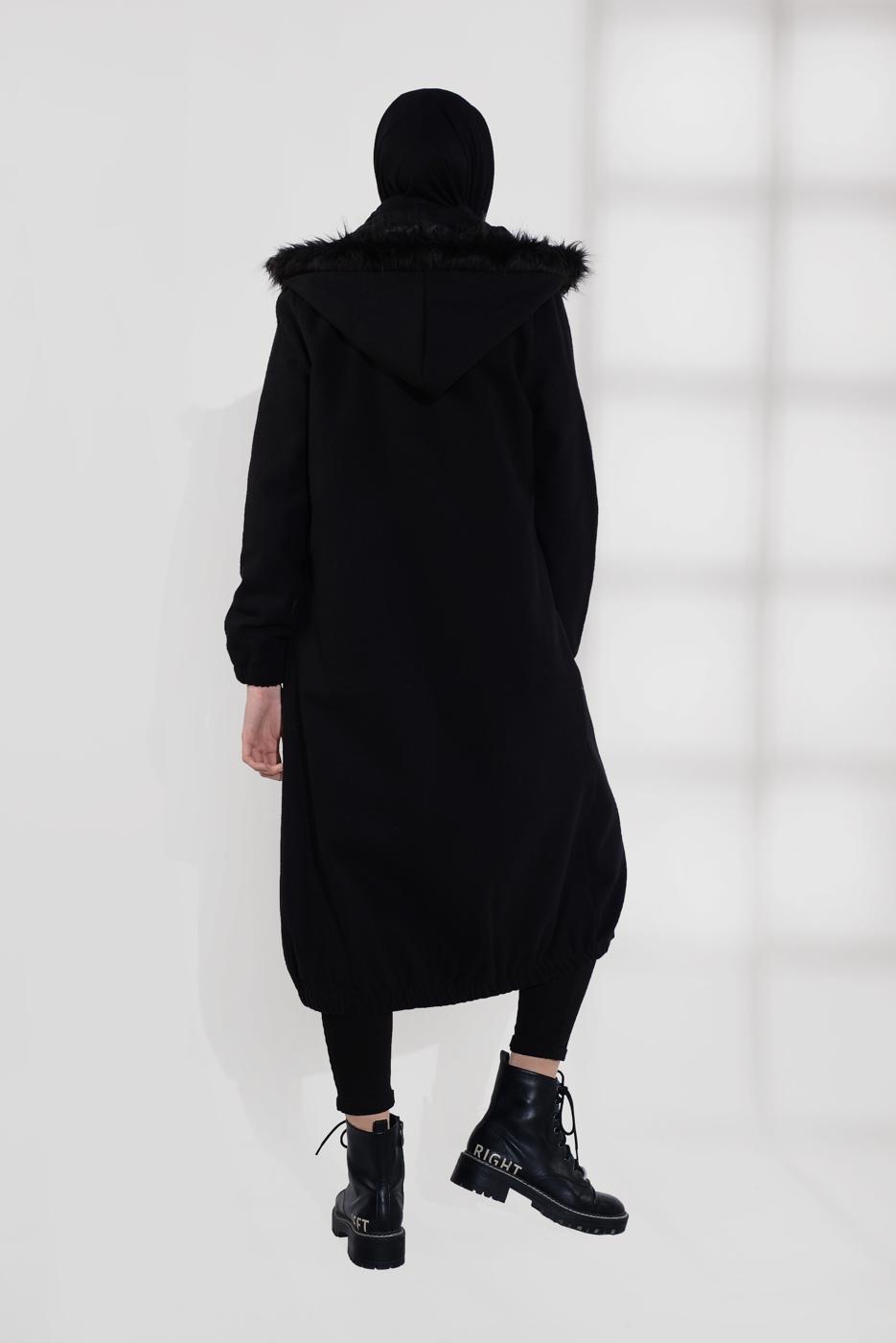 Tesettür giyim SİYAH PAMUKLU FERMUARLI KABAN 1002