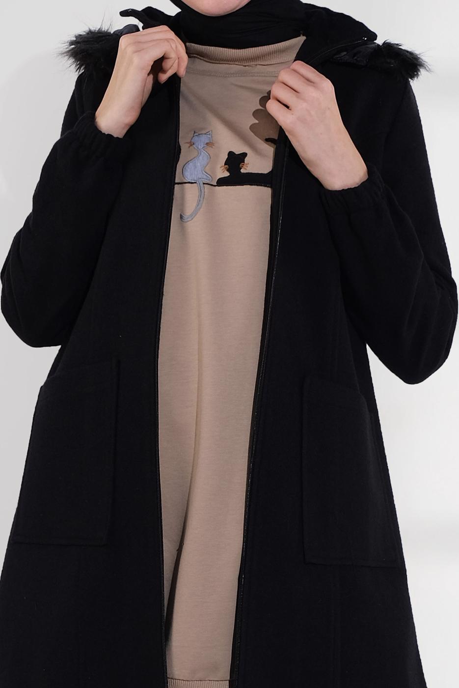 Tesettür giyim SİYAH PAMUKLU FERMUARLI KABAN 1002