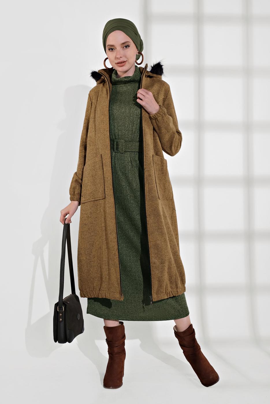 Tesettür giyim TURUNCU PAMUKLU FERMUARLI KABAN 1002